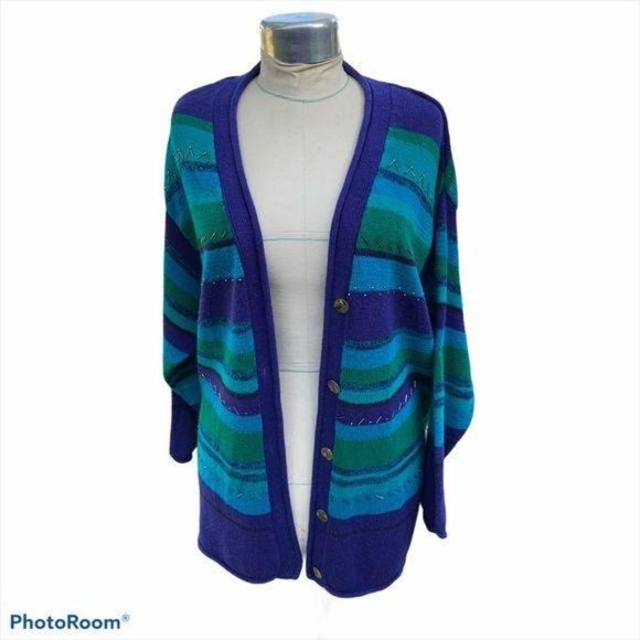Carole Little Sweaters - Carole Little 80's Designer Vintage Grandma Cardigan Sweater Stripes Pur…